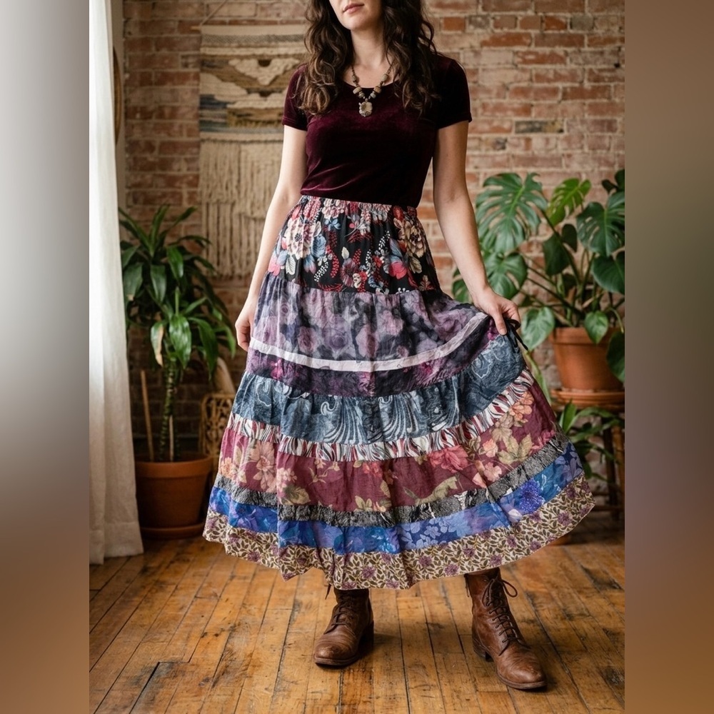 Vintage LEE ANDERSEN Mixed Media Floral Silk Tiered Maxi Skirt Boho Whimsigoth